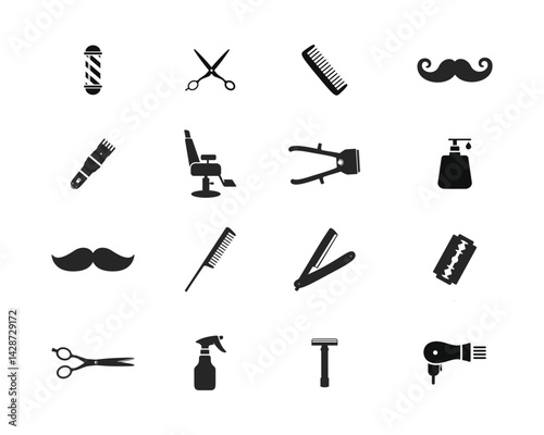 Set of barbershop utensils icon. Hair salon icons, Hairstylist vector icons set. Contain symbol of clipper, barber pole, comb, razor blade, chair, sprayer, shampoo, hair dryer, brush, and more.