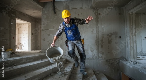 Construction Worker Accidentally Spills Cement While Climbing Stairs on a Construction Site