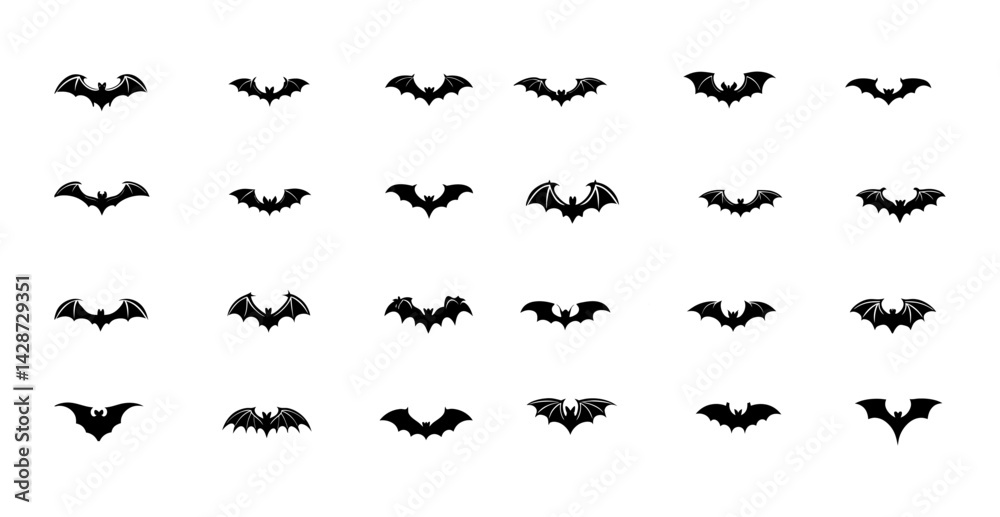 Comprehensive Collection of 72 Unique Bat Silhouettes for Halloween and Graphic Design Projects black silhouettes of birds