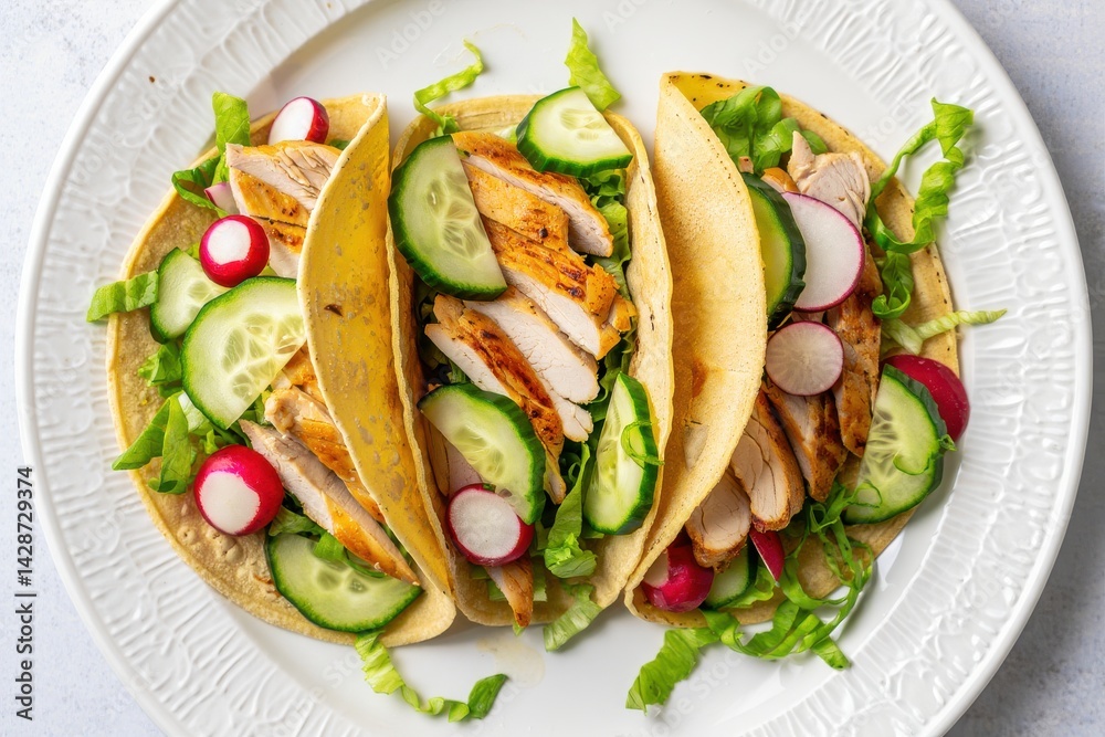 Healthy mexican tacos with baked chicken breast, cucumber, radish and lettuce. Flat lay. Top view