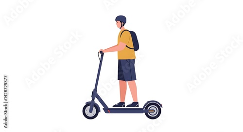 Vector illustration featuring a person riding electric scooter on white background