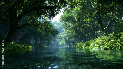 Pixelated Lush Forest River Scene