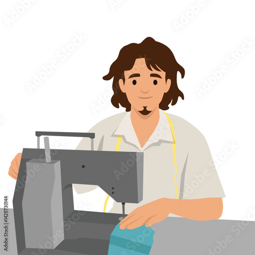 Focused male tailor operates a sewing machine, skillfully stitching fabric with precision and care. Flat vector illustration isolated on white background