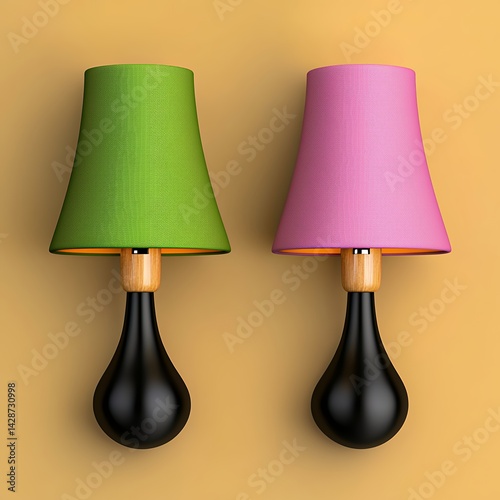 Pair of Modern Wall Lamps with Pink and Green Fabric Shades