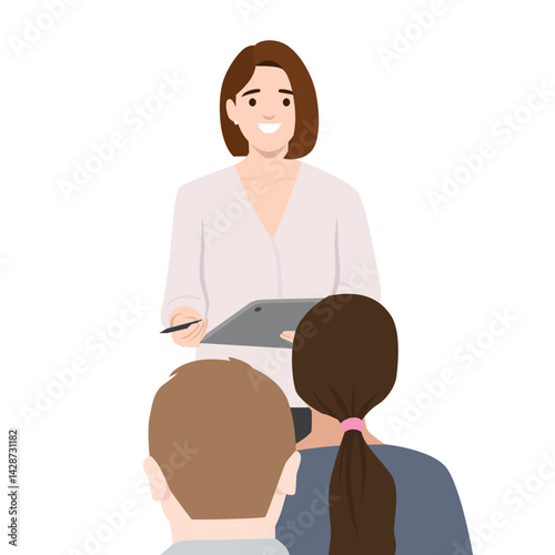 Teacher holds a tablet and stylus while attentively interacting with her students during a lesson. Flat vector illustration isolated on white background