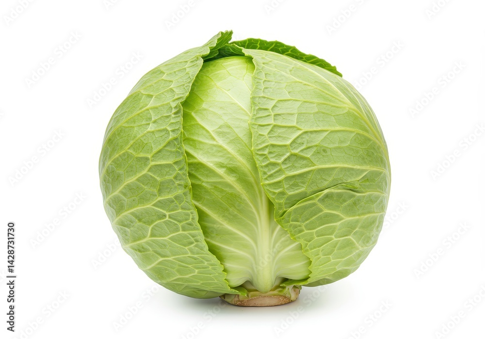Fototapeta premium Whole fresh green cabbage with tightly packed leafy structure and visible veins on white background