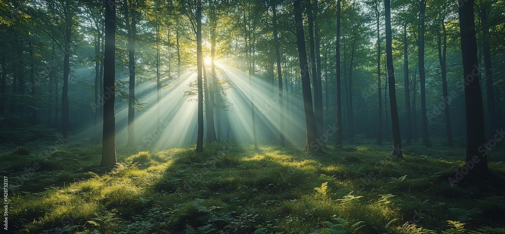 Obraz premium Sunlight pierces through the serene forest canopy, illuminating the verdant undergrowth