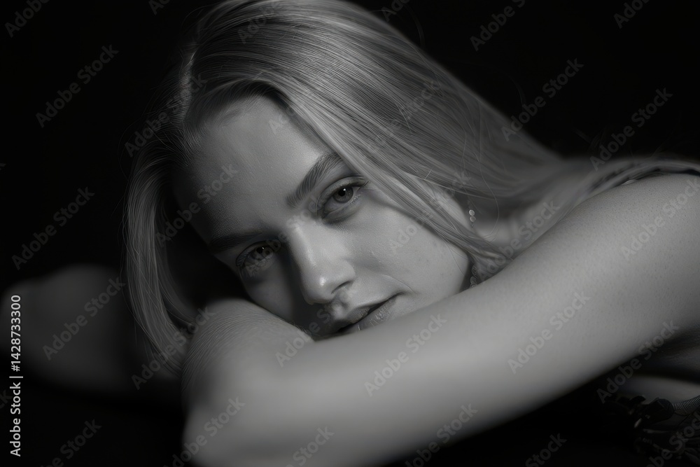Pensive Gaze The black and white close-up image captures a woman with a contemplative expression, resting her head on her folded arms. Her blonde hair partially obscures her face, adding to the moody