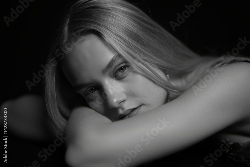 Obraz na płótnie Pensive Gaze The black and white close-up image captures a woman with a contemplative expression, resting her head on her folded arms. Her blonde hair partially obscures her face, adding to the moody w salonie