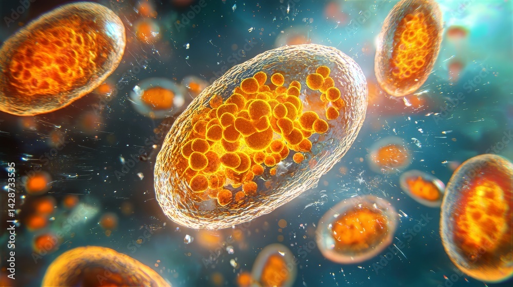 Naklejka premium Cinematic 3D Render of Glowing Microscopic Cell Interior