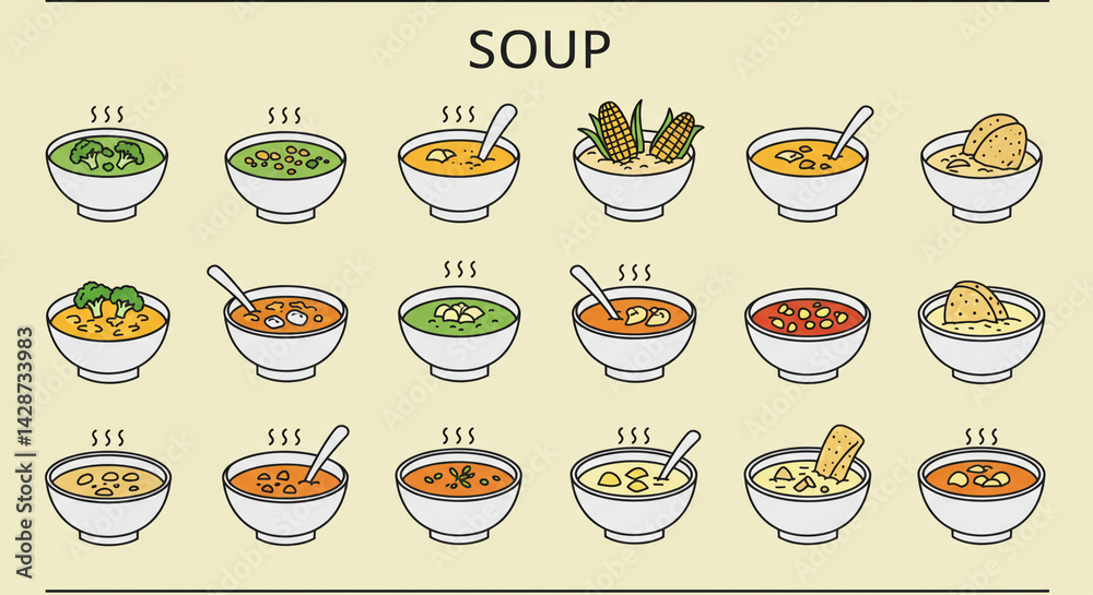 custom made wallpaper toronto digitalIllustration of various soups in white bowls with steam and different ingredients on a beige background