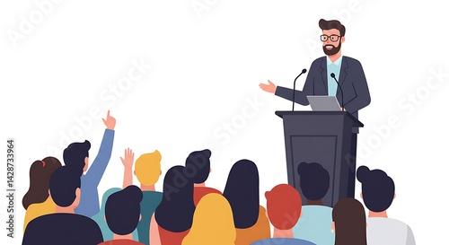 Engaging public speaker delivering presentation before an attentive audience photo