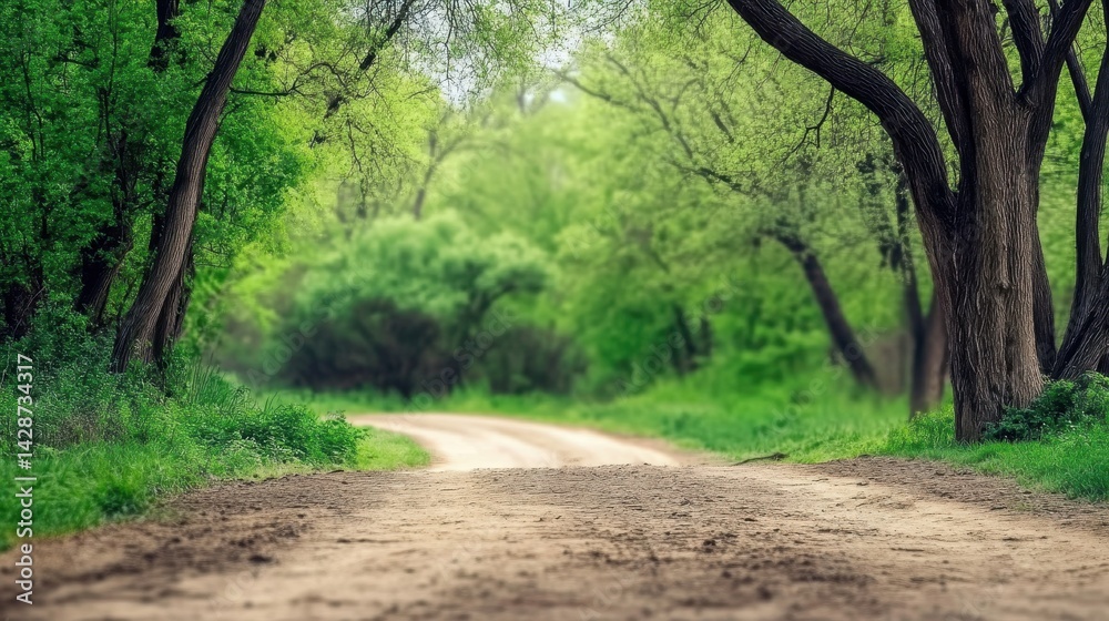 Naklejka premium A peaceful dirt path winds through a lush, green forest under a canopy of vibrant trees.