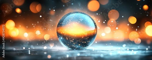 A crystal-clear sphere reflects vibrant lights, surrounded by a misty atmosphere, creating a mesmerizing visual effect.