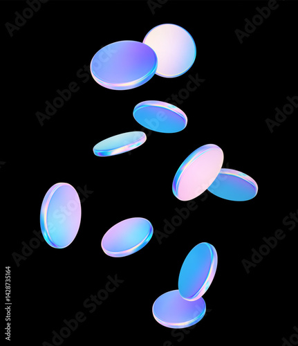 3d flying glass hologram coins isolated. Rain abstract cash element. Fall gradient podium, holographic disk, plate, neon cylinder. Concept casino, jackpot, finance, crypto. Vector illustration