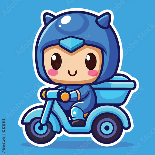 Cute blue delivery robot on a scooter