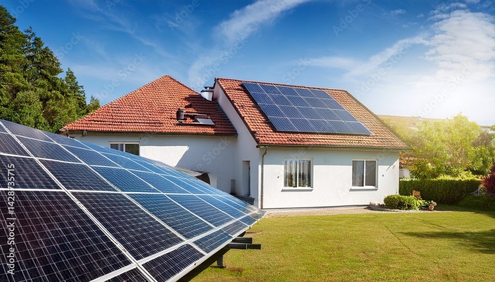 Fototapeta premium heat pump next to the house and solar panels on the roof the concept of an energy efficient home