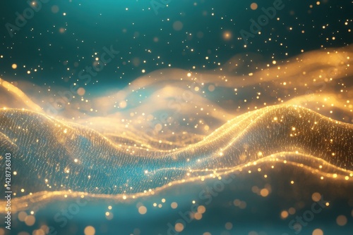 A mesmerizing digital landscape featuring flowing golden waves and shimmering particles against a teal background, evoking a sense of depth and tranquility.
