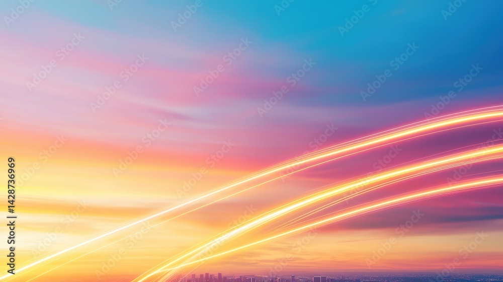 Obraz premium A vibrant sky features colorful gradients and light trails, suggesting movement and dynamism over a city skyline at sunset.