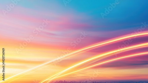 A vibrant sky features colorful gradients and light trails, suggesting movement and dynamism over a city skyline at sunset.