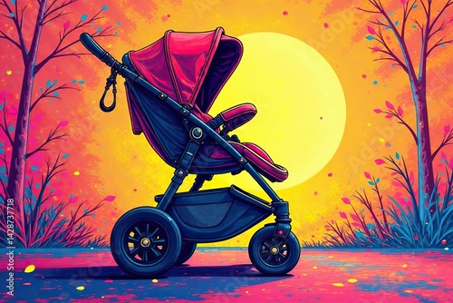 Bold line art stroller pattern, vibrant colors, surface pattern, abstract