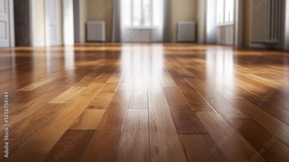 Fototapeta premium Gleaming Hardwood Floor in a Sunlit Room: Interior Design and Home Improvement