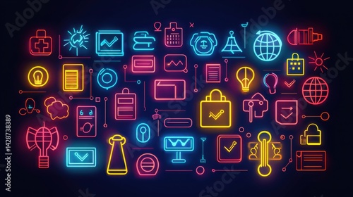 Vibrant neon icons representing technology innovation digital security online communication data sha cloud computing and modern electronic devices in a colorful futuristic design