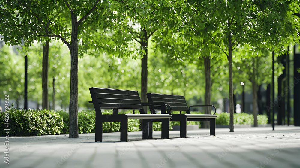 Modern Park Benches Under Lush Trees In City Park Modern Park Benches Under Lush Trees In City Park