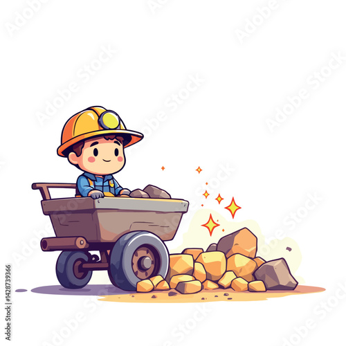 Vsai miner carrying gold ore in mining cart cartoon illustration