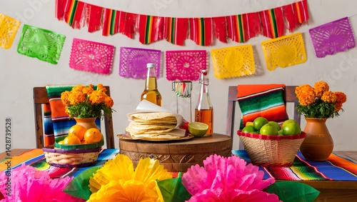 A festive table setting features colorful papel picado banners hanging in red, green, yellow, purple, and pink.