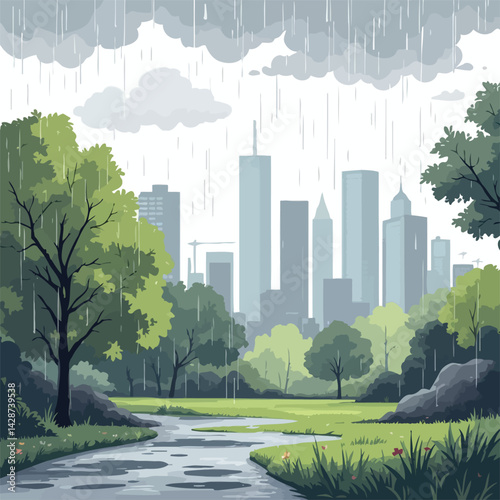 Vsai rain falling on city park with river and lush green trees