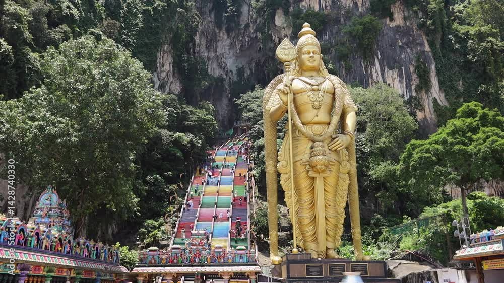 Batu Caves in Kuala Lumpur city. Giant Murugan statue at the entrance of Batu Caves, Malaysia