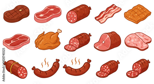 Illustration of various meats including steak bacon sausage ham and chicken on a white background