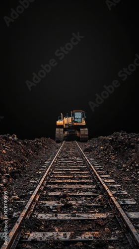 Heavy construction vehicle working on railway tracks du night time with dark sky in the background for infrastructure development and transportation projects