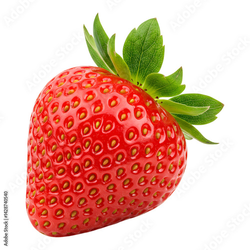 Close-up of a single ripe strawberry with leaf on top