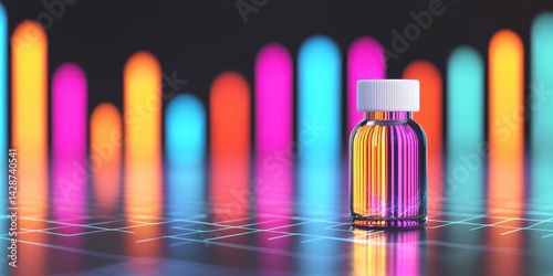 Colorful glass vial with glowing neon bars on dark background