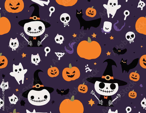 Cartoon Halloween characters with spooky vibes, witch skeleton vampire cat pumpkins, festive banner