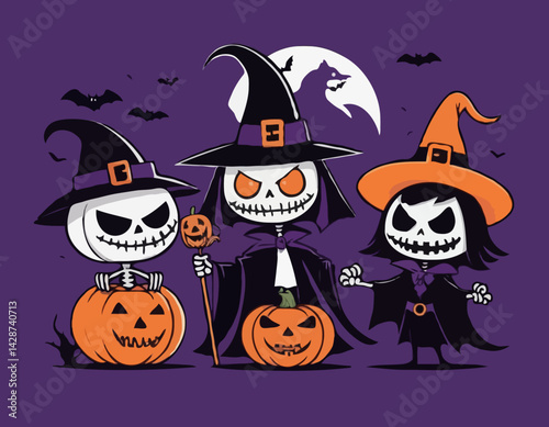 Cartoon Halloween characters with spooky vibes, witch skeleton vampire cat pumpkins, festive banner