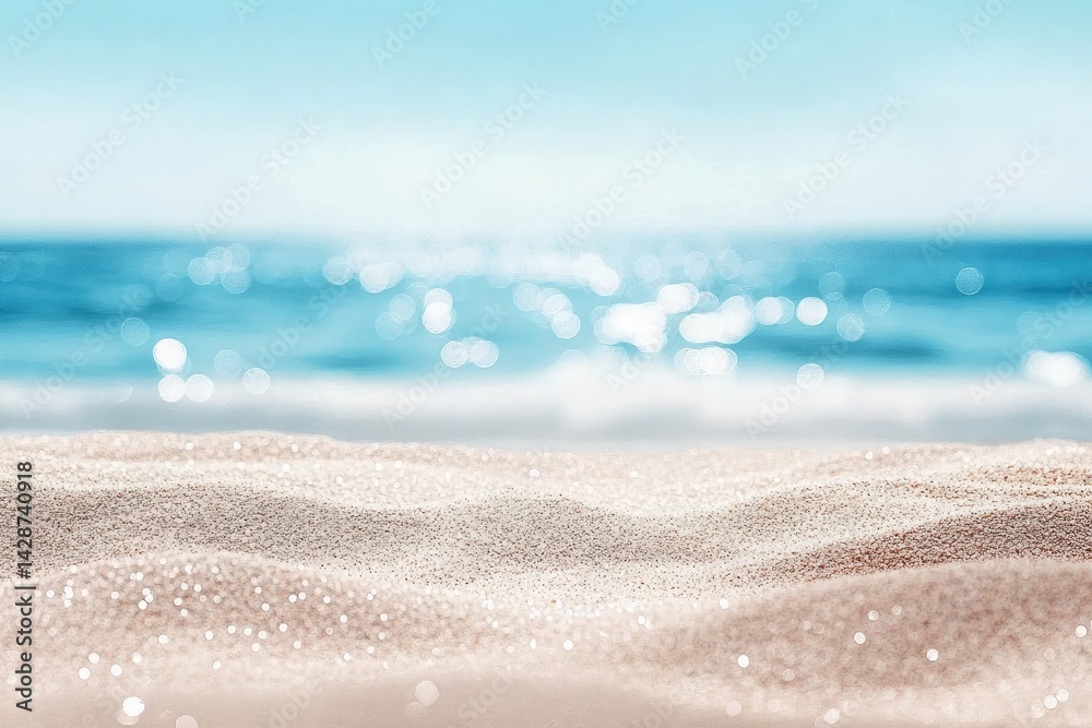 Sparkling Beach Sand Texture with Blue Ocean and Sky Bokeh Background Sparkling Beach Sand Texture with Blue Ocean and Sky Bokeh Background