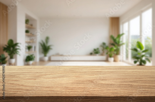 Empty wooden table in beautiful living room. Space for design