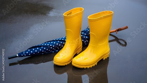 A pair of bright yellow rain boots stand upright on a wet surface, next to a closed blue umbrella with white polka dots. The reflection on the wet ground suggests recent rainfall.