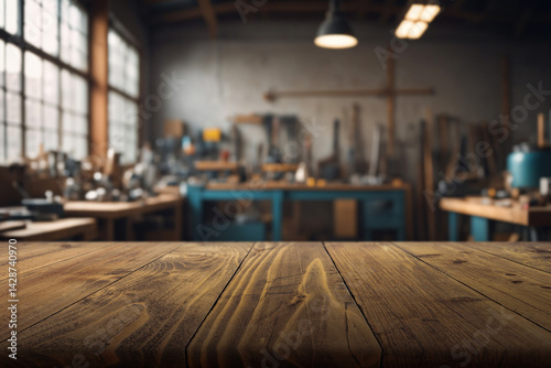 Fototapeta Naklejka Na Ścianę i Meble -  Blur craft workshop interior and empty wooden table top with space for products.