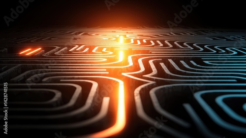 A futuristic abstract design featuring intricate lines and glowing paths, creating a sense of depth and technology.