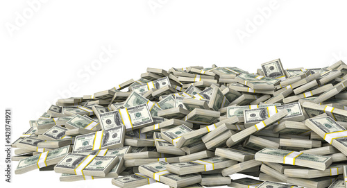 Bundles of one hundred dollar bills forming a small mountain on a transparent background