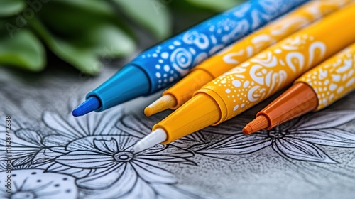 Vibrant Colored Pens on Adult Coloring Book Page
