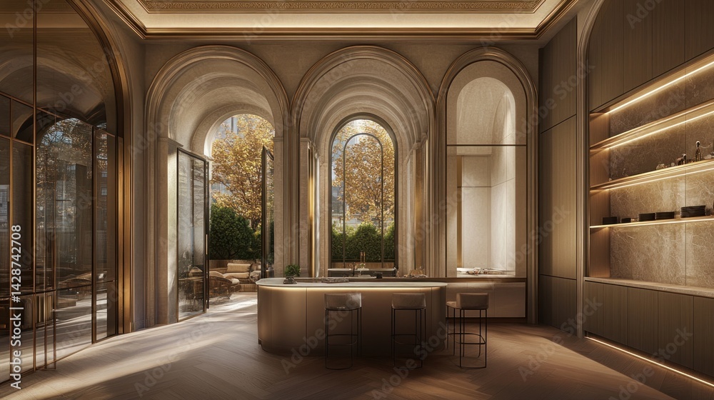 Fototapeta premium Luxurious, arched-windowed interior of a modern, opulent residence.