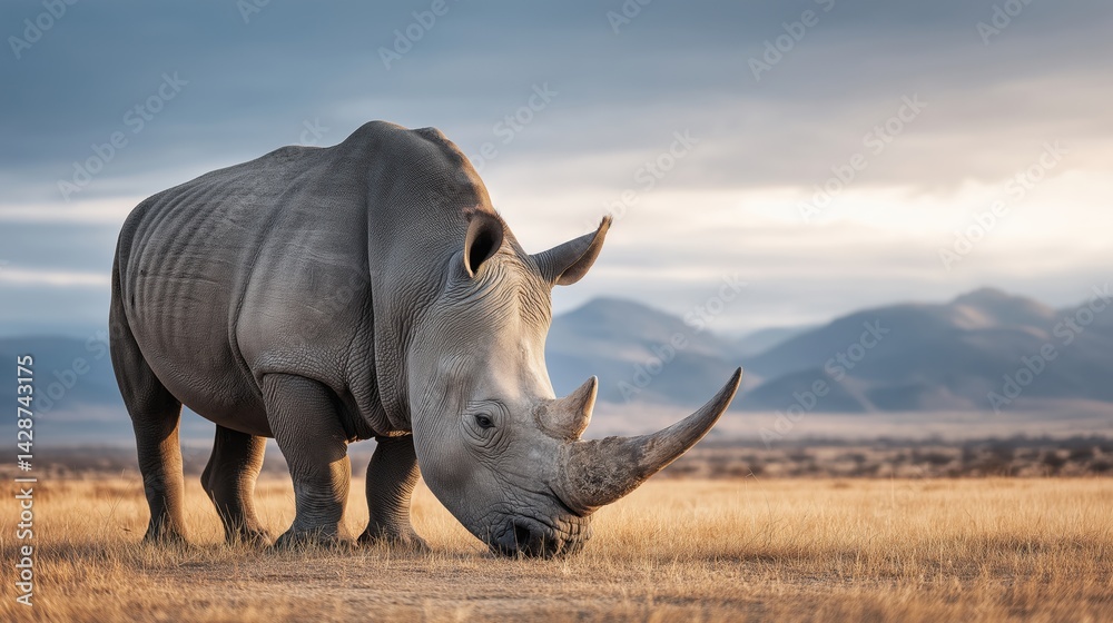 Fototapeta premium A rhinoceros grazing on dry grass in an open savanna landscape with mountains in the background.