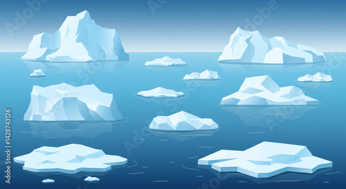 Illustration of multiple icebergs floating in the ocean with a gradient blue sky background scene
