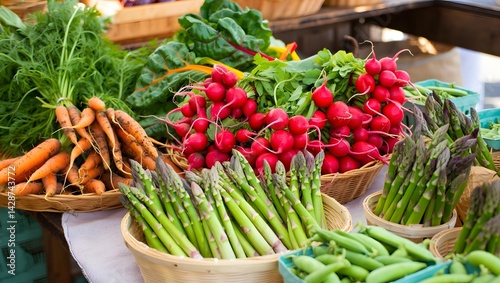 A variety of fresh vegetables are neatly arranged in baskets at a market or farm stand.