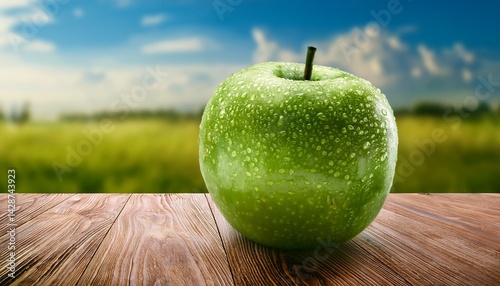 green apple with water droplets on wooden table for national nutrition month